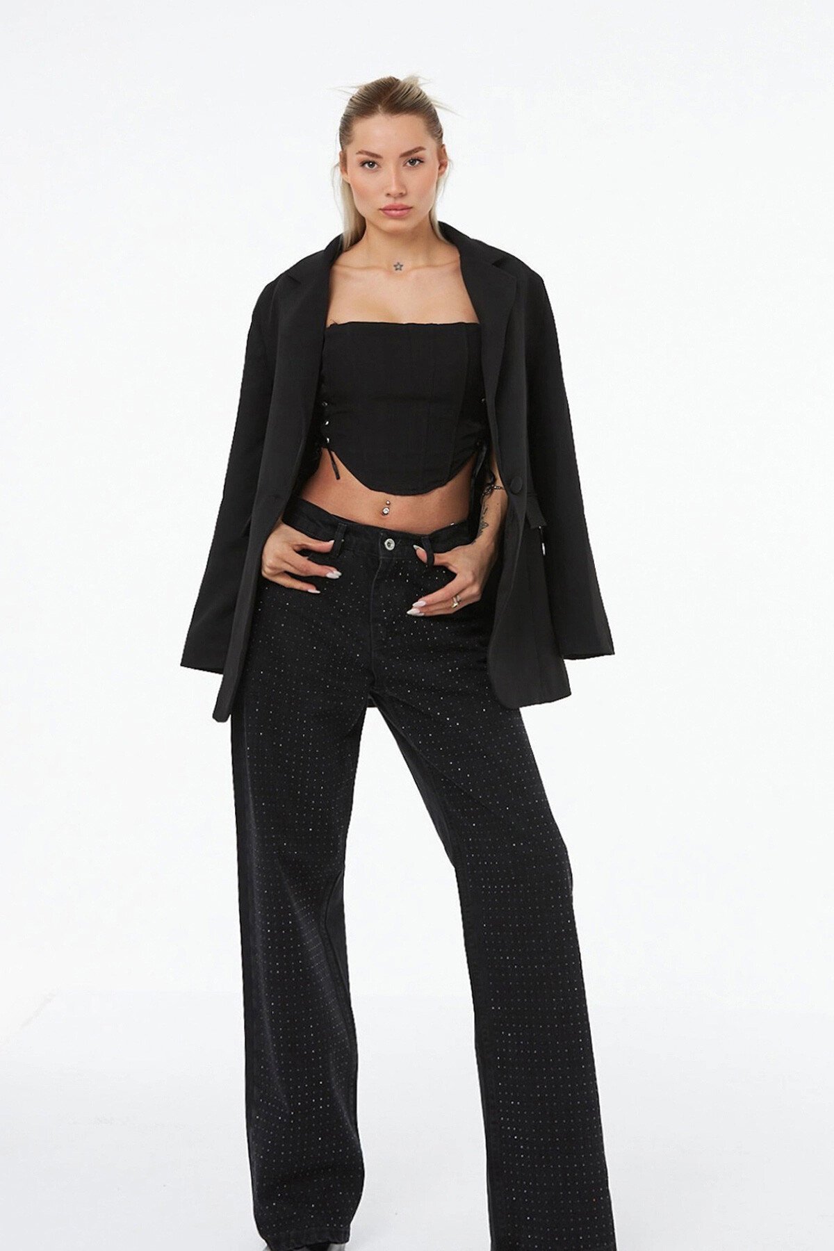 Siyah Yüksek Bel Beş Cepli Taş İşlemeli Palazzo Jean