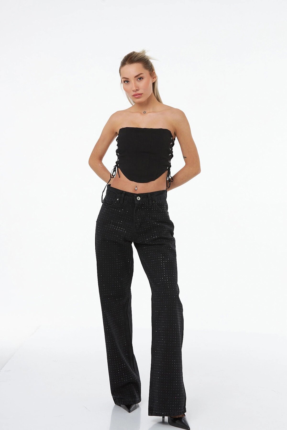 Siyah Yüksek Bel Beş Cepli Taş İşlemeli Palazzo Jean