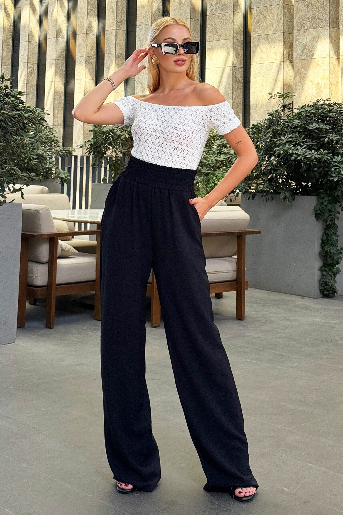 Siyah Yüksek Bel Çit Cepli Aerobin Palazzo Pantolon