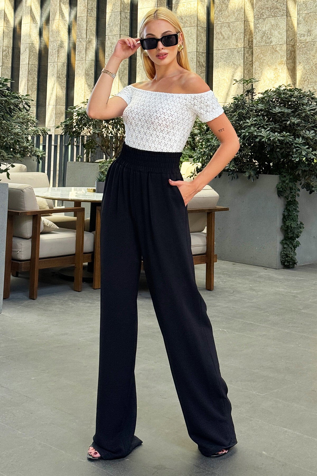 Siyah Yüksek Bel Çit Cepli Aerobin Palazzo Pantolon