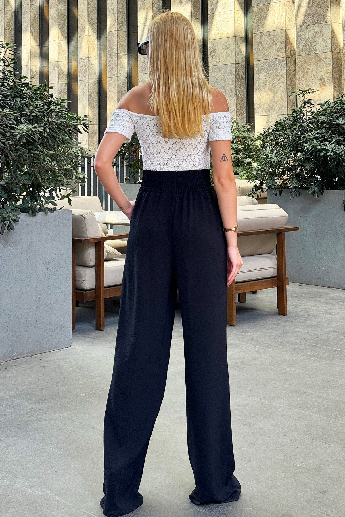 Siyah Yüksek Bel Çit Cepli Aerobin Palazzo Pantolon