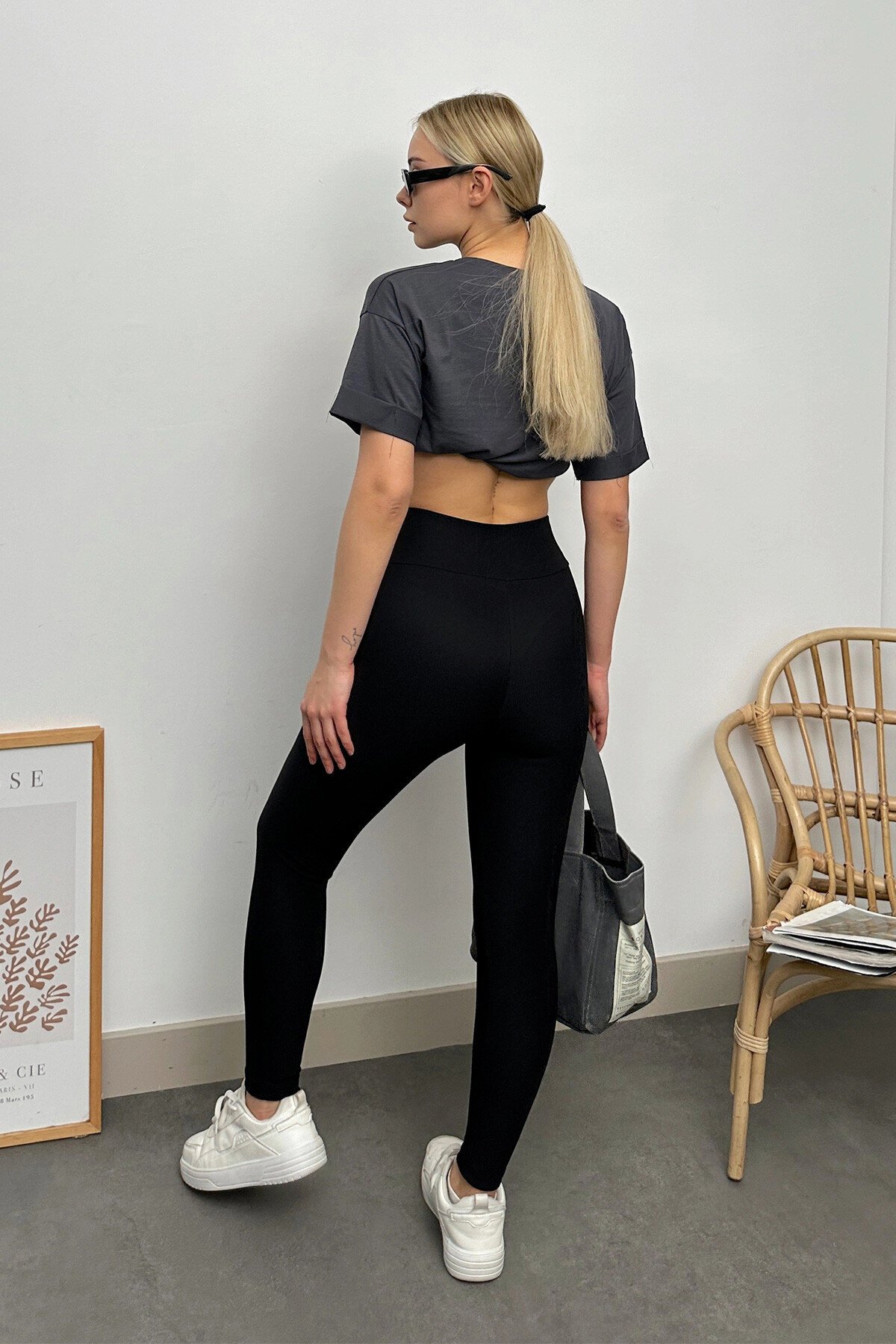 Siyah Yüksek Bel Fitilli Likralı Ottoban Tayt