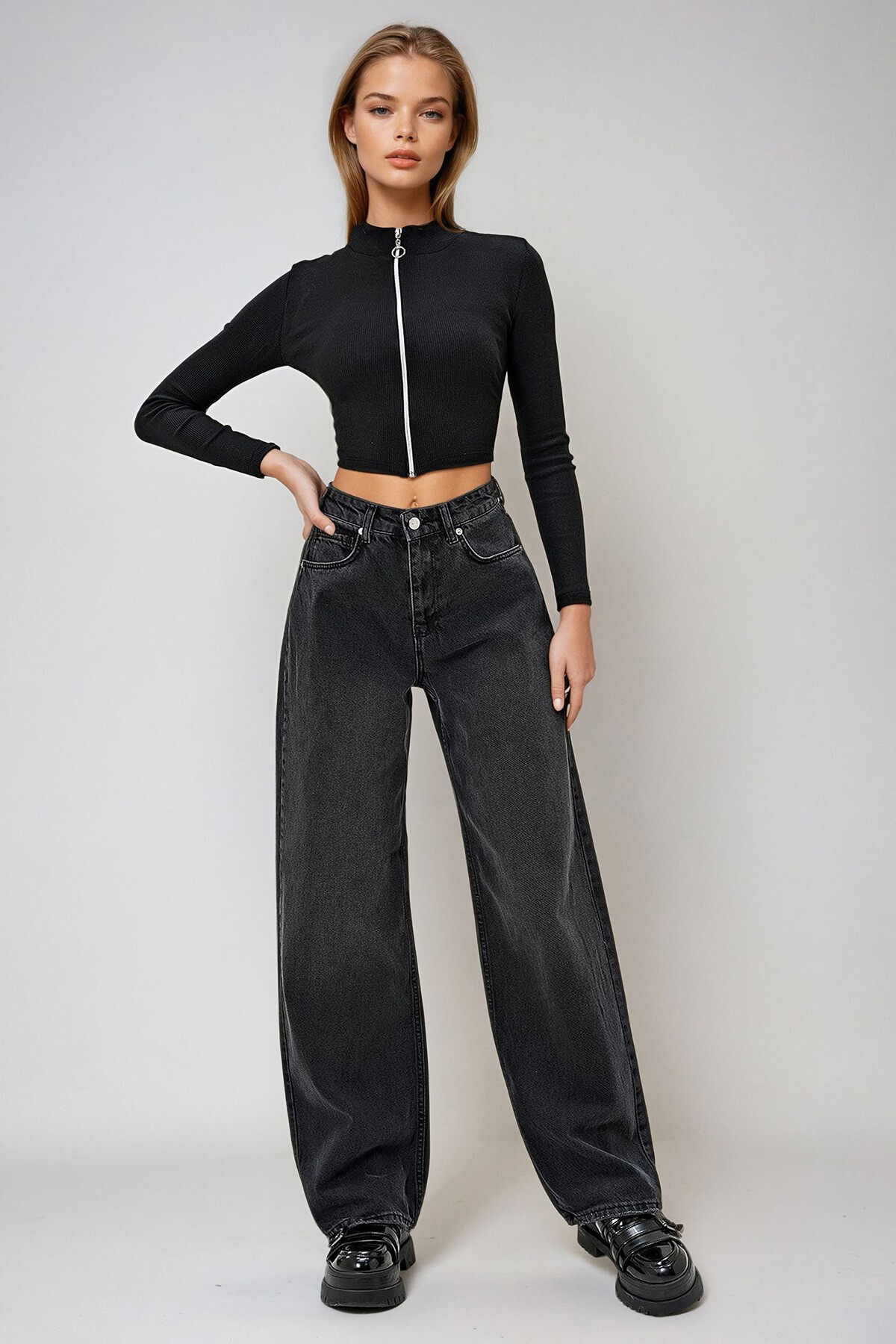 Siyah Yüksek Bel Palazzo Kesim Jean Pantolon