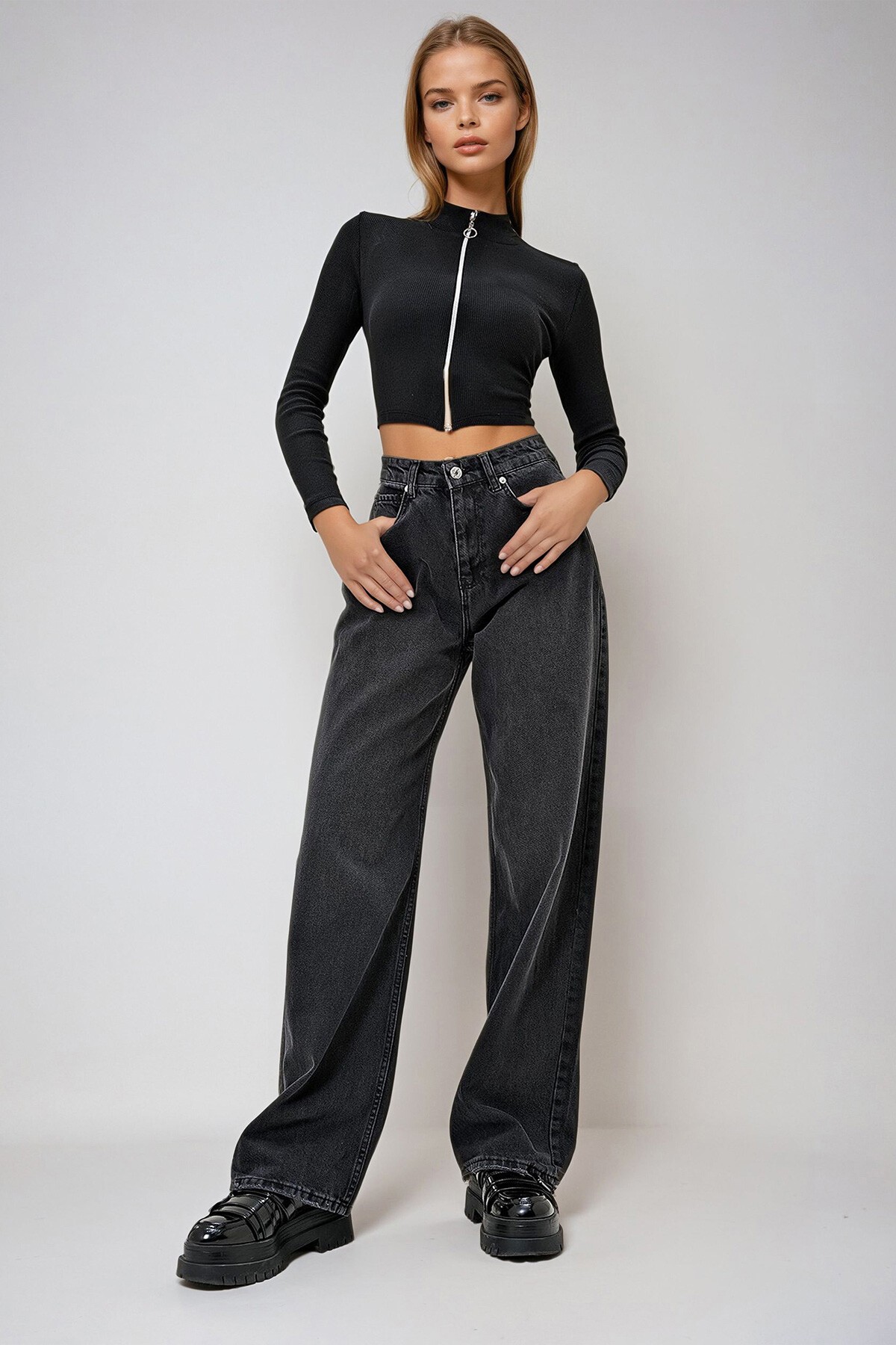 Siyah Yüksek Bel Palazzo Kesim Jean Pantolon