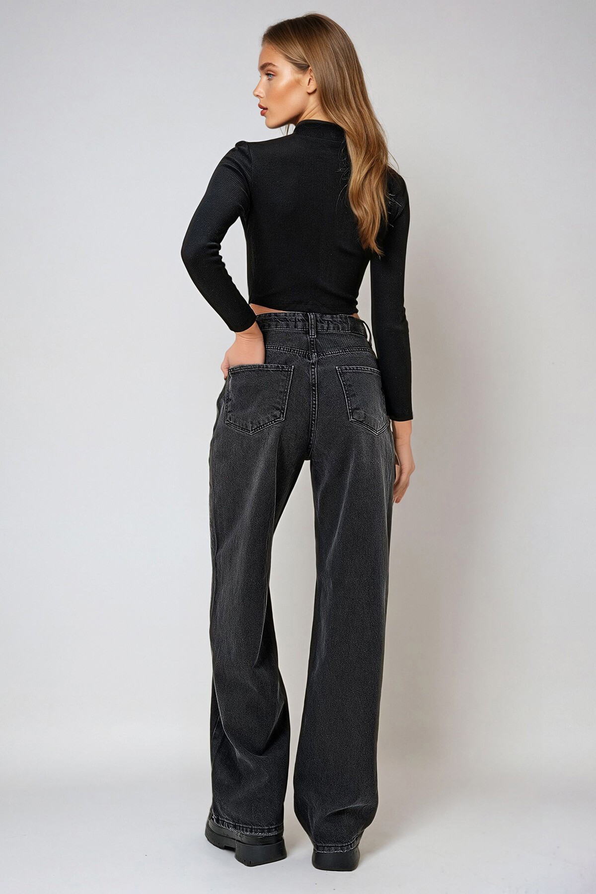 Siyah Yüksek Bel Palazzo Kesim Jean Pantolon