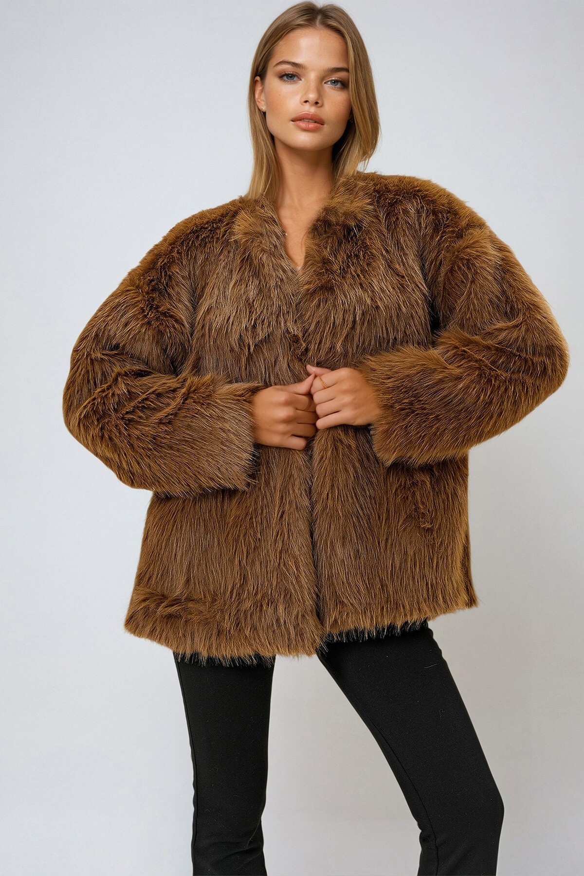 Sütlü Kahve Bisiklet Yaka İçi Astarlı Kürk Ceket