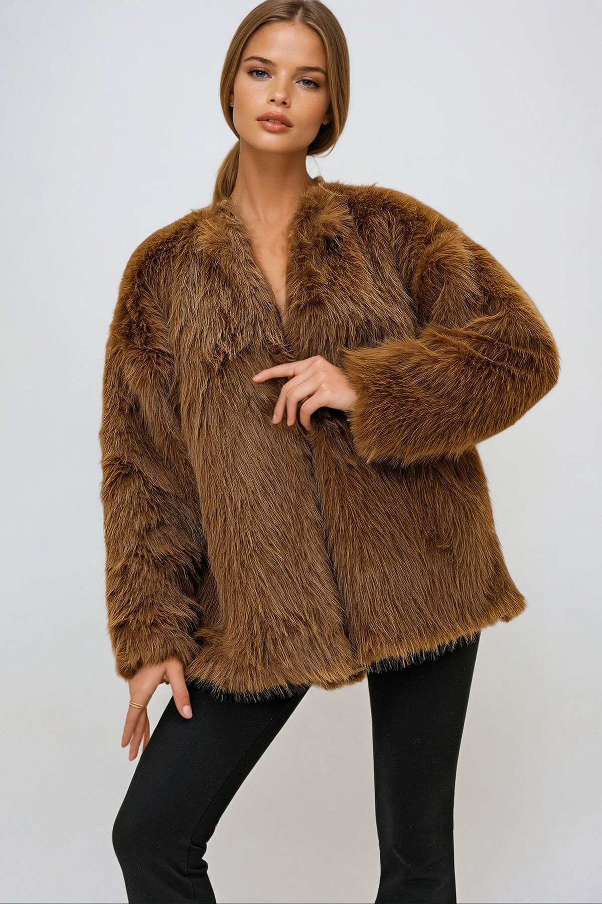 Sütlü Kahve Bisiklet Yaka İçi Astarlı Kürk Ceket