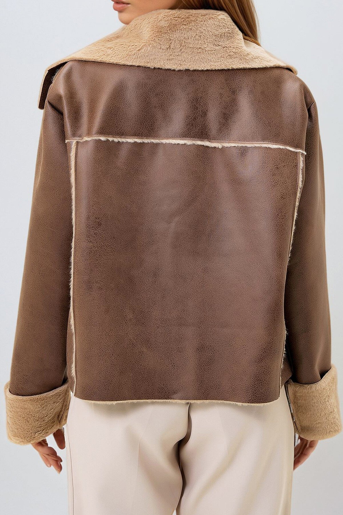Sütlü Kahve Çift Cepli İçi Suni Kürklü Suni Deri Biker Ceket