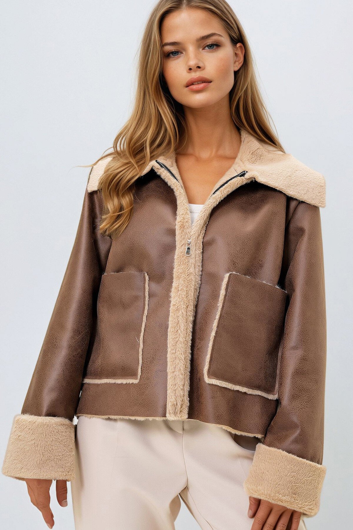 Sütlü Kahve Çift Cepli İçi Suni Kürklü Suni Deri Biker Ceket