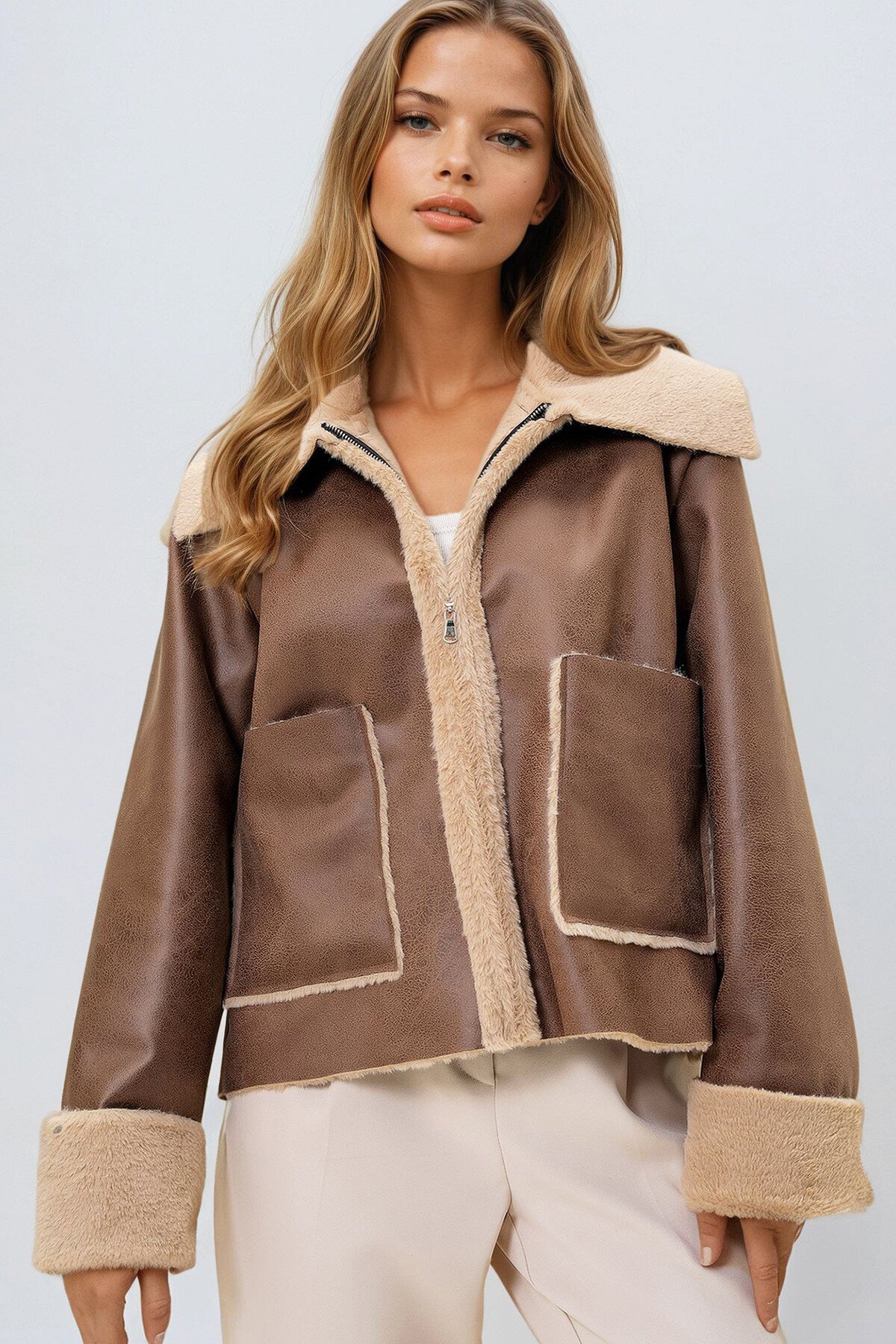 Sütlü Kahve Çift Cepli İçi Suni Kürklü Suni Deri Biker Ceket