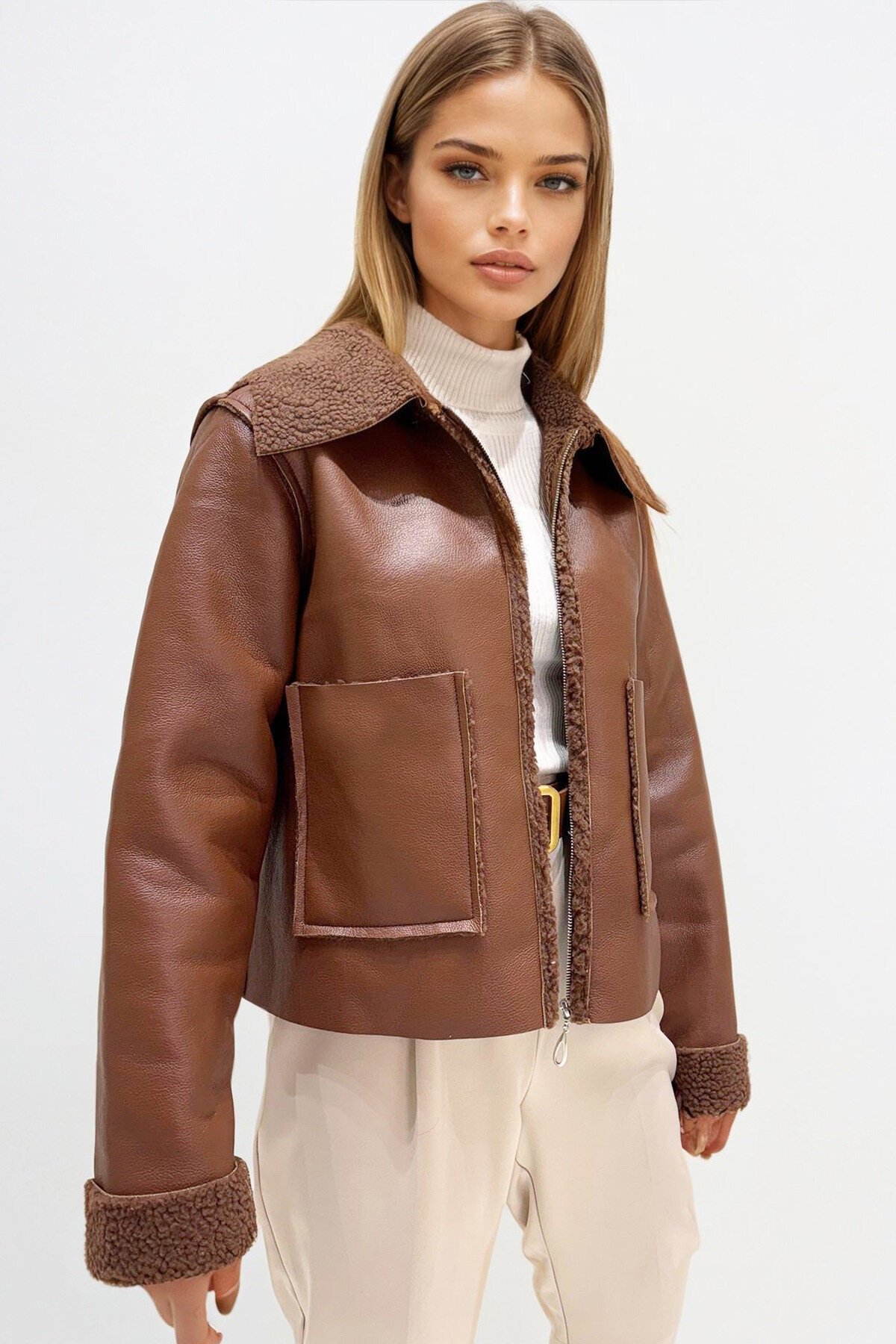 Taba Çift Cepli İçi Suni Kürklü Suni Deri Biker Ceket