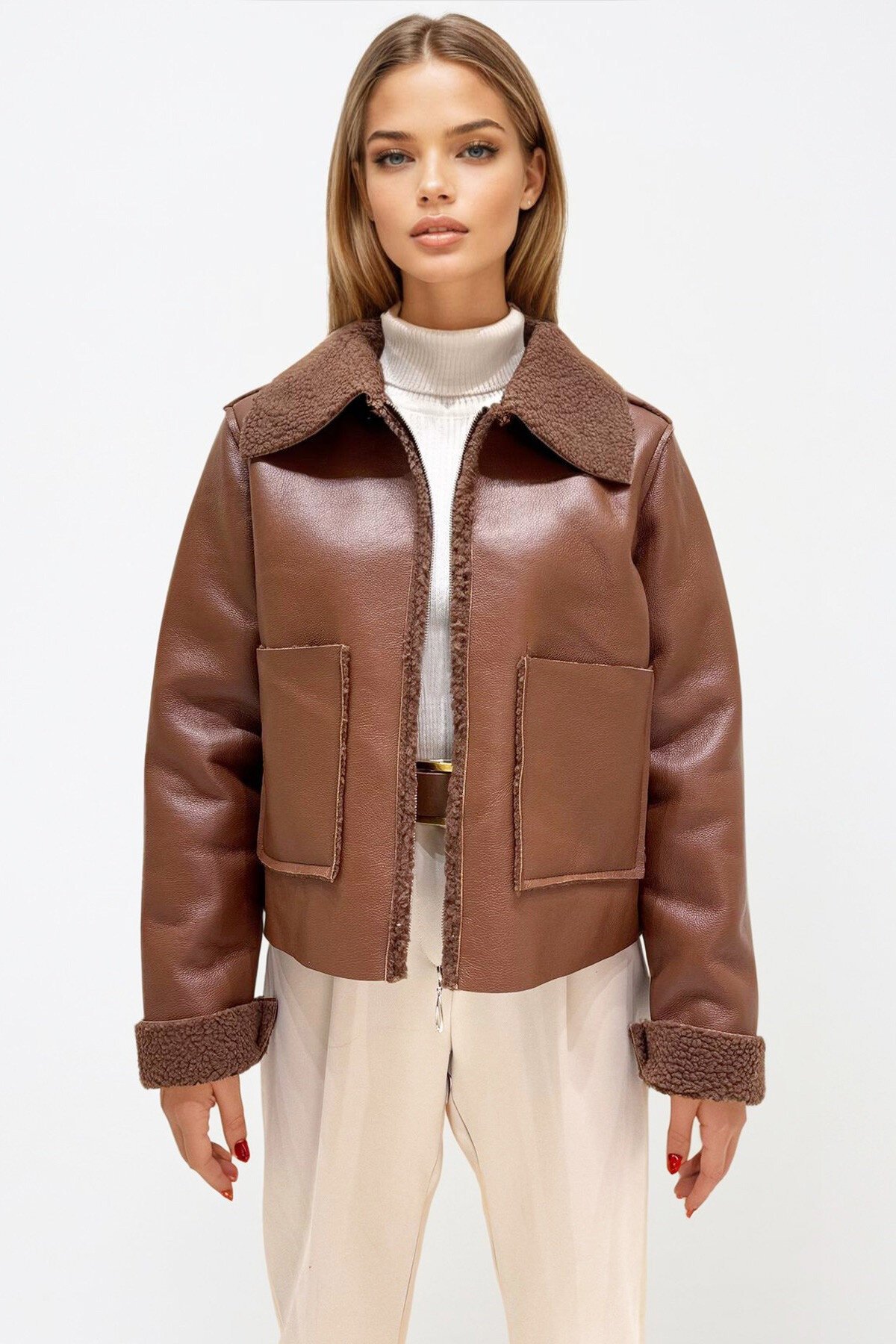 Taba Çift Cepli İçi Suni Kürklü Suni Deri Biker Ceket