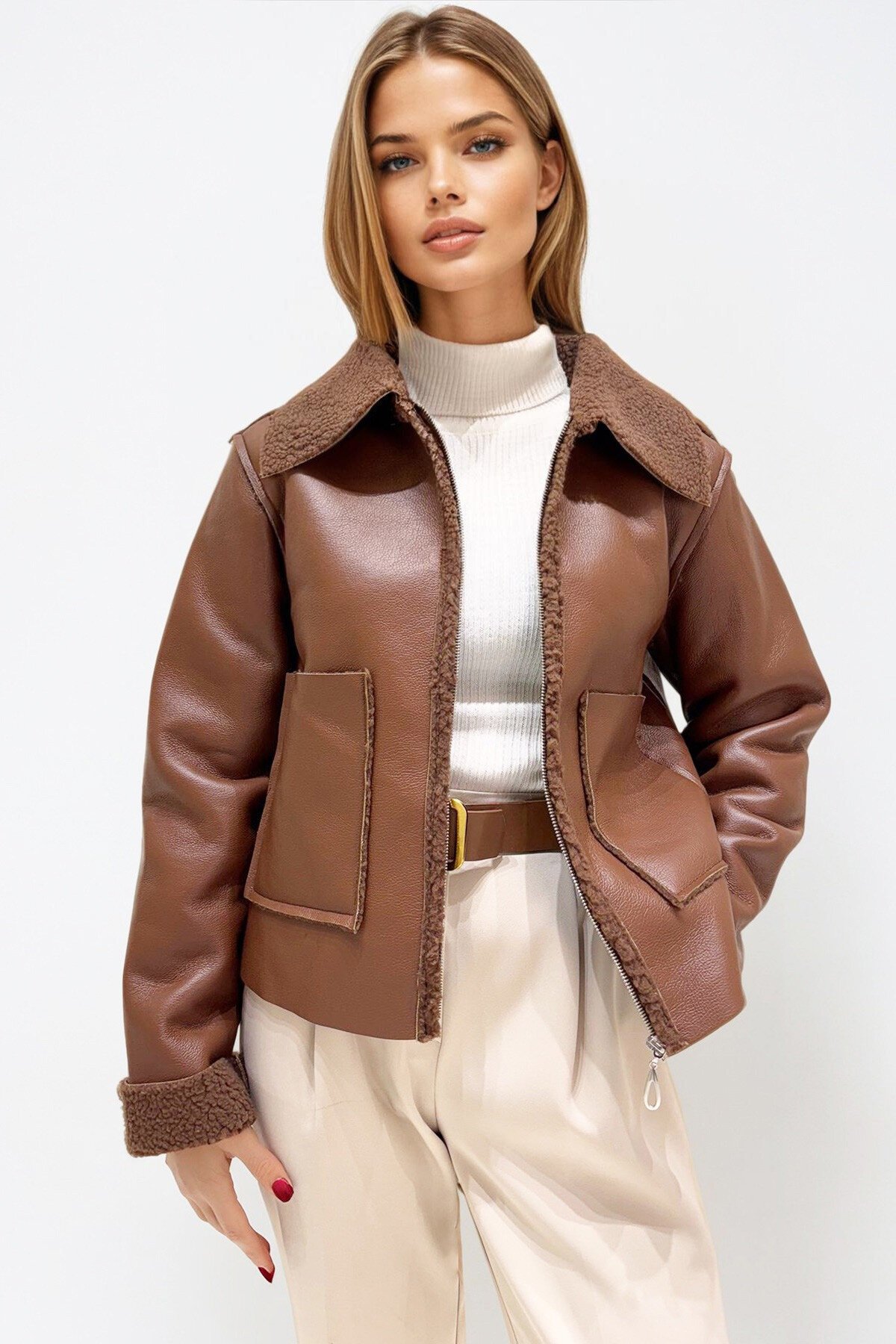 Taba Çift Cepli İçi Suni Kürklü Suni Deri Biker Ceket