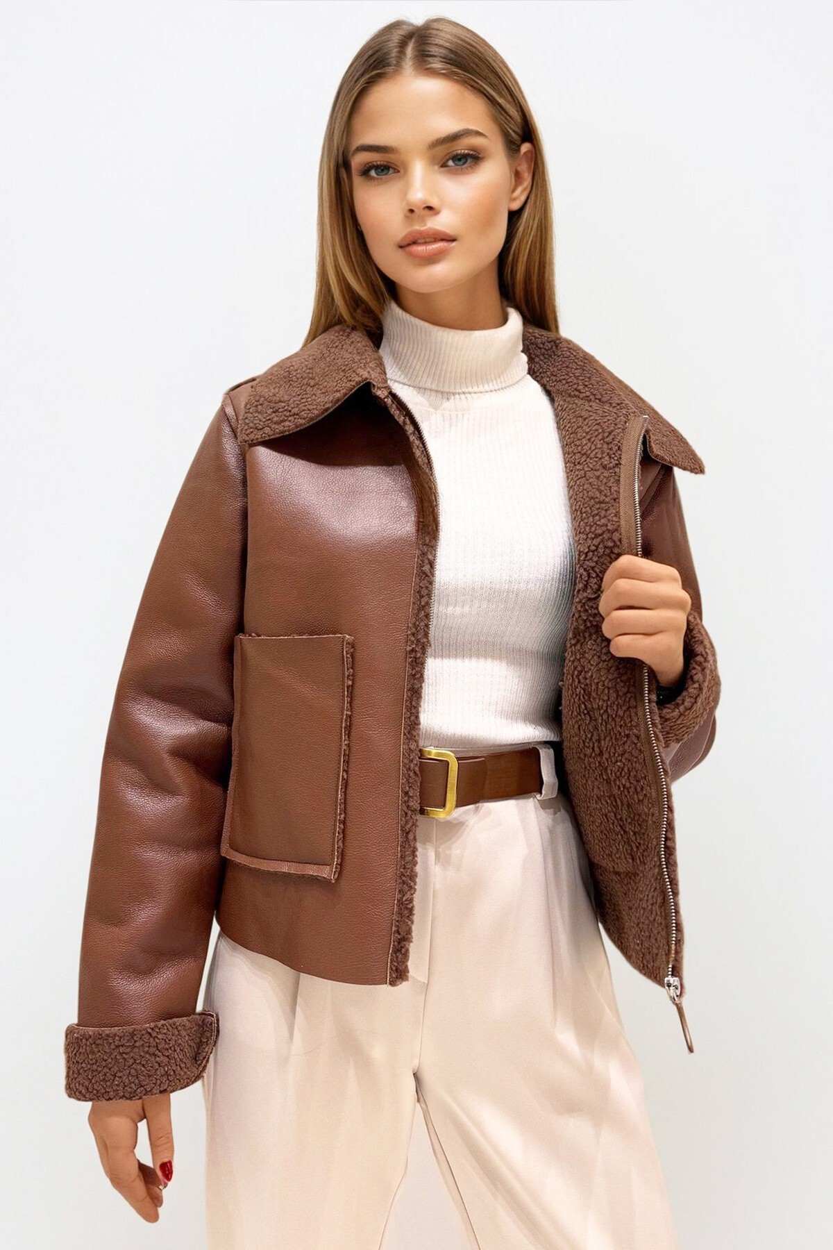 Taba Çift Cepli İçi Suni Kürklü Suni Deri Biker Ceket