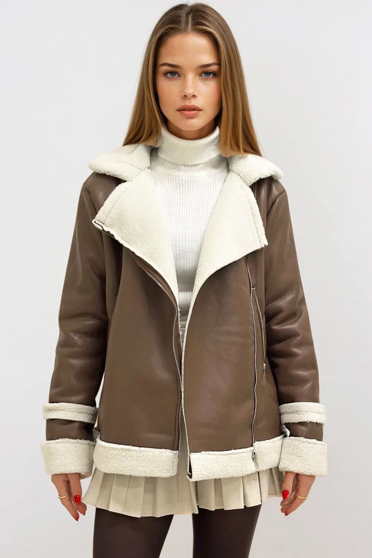 Taba Ekru Çift Cepli İçi Suni Kürklü Suni Deri Biker Ceket