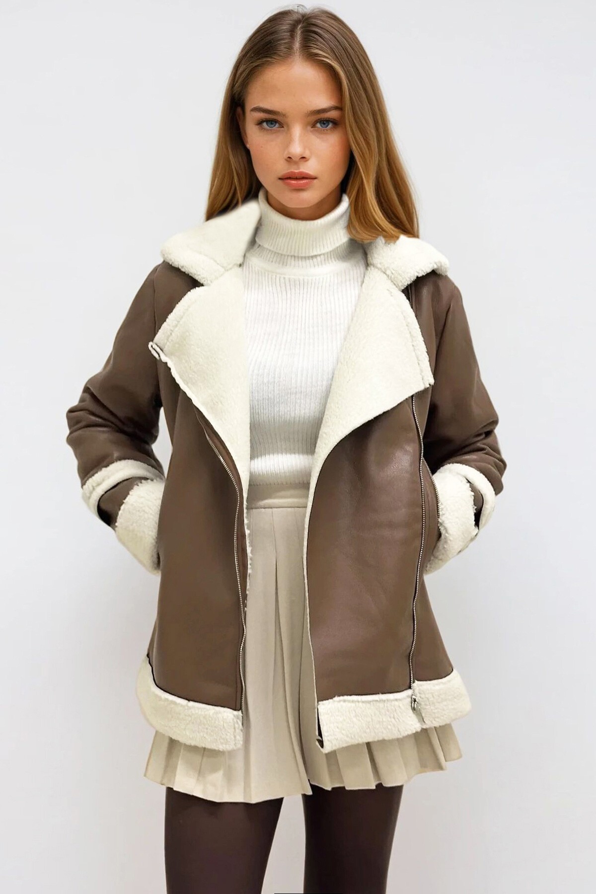 Taba Ekru Çift Cepli İçi Suni Kürklü Suni Deri Biker Ceket