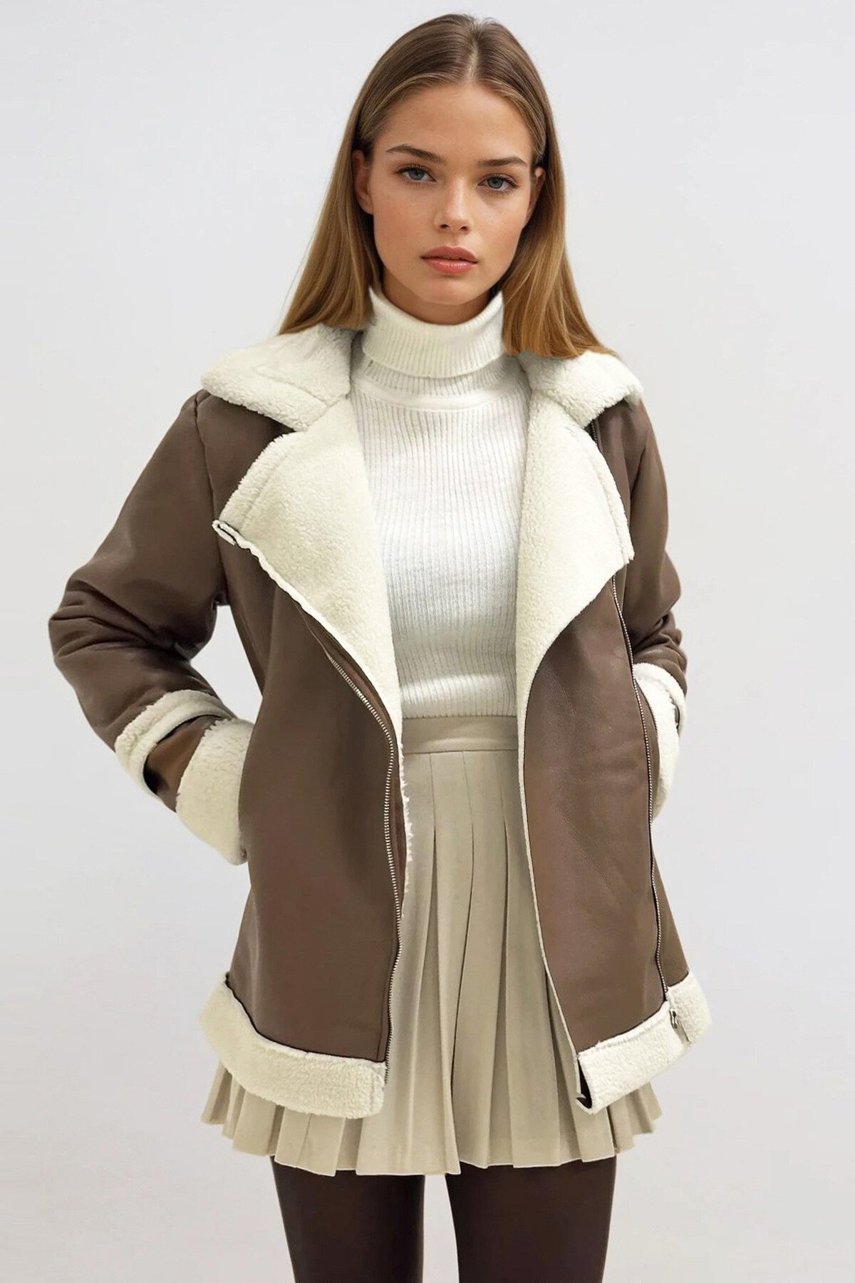 Taba Ekru Çift Cepli İçi Suni Kürklü Suni Deri Biker Ceket