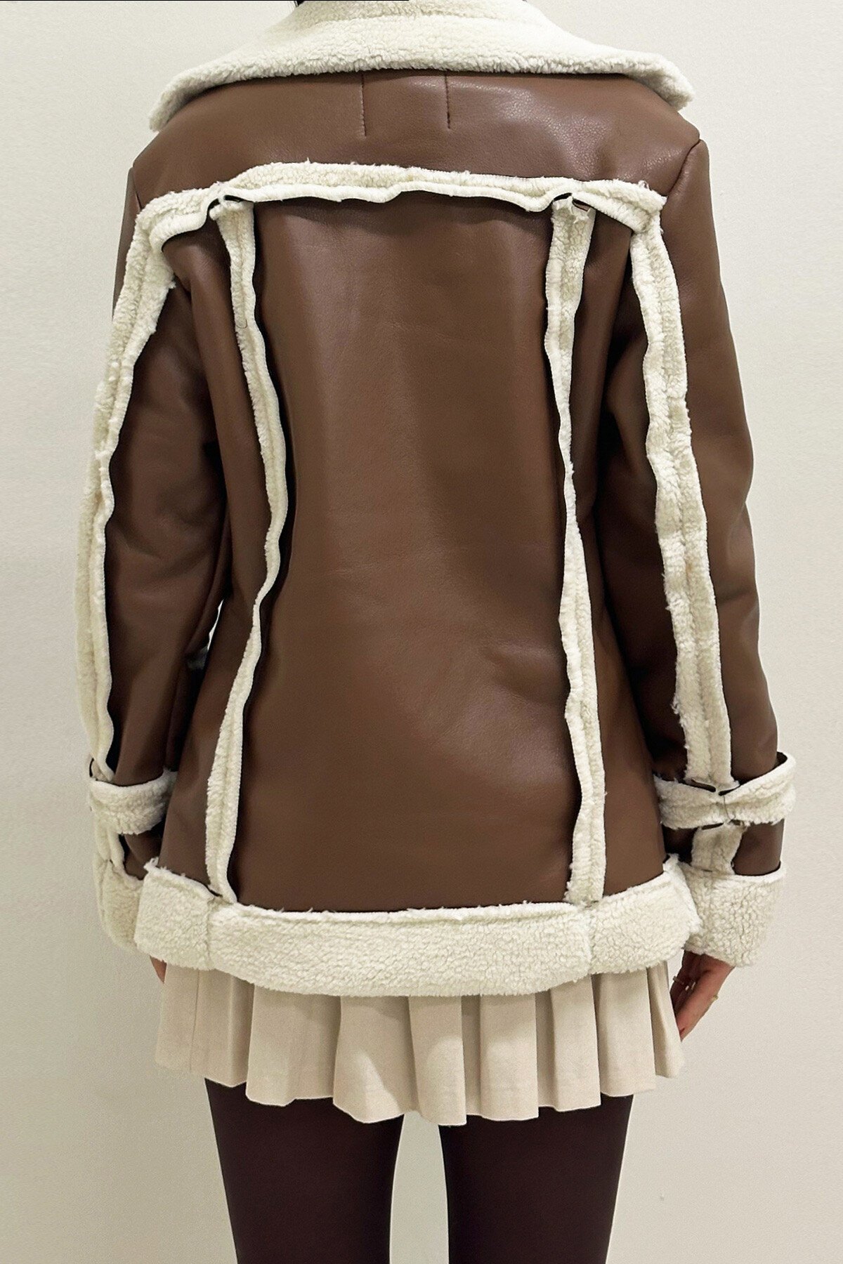 Taba Ekru Çift Cepli İçi Suni Kürklü Suni Deri Biker Ceket