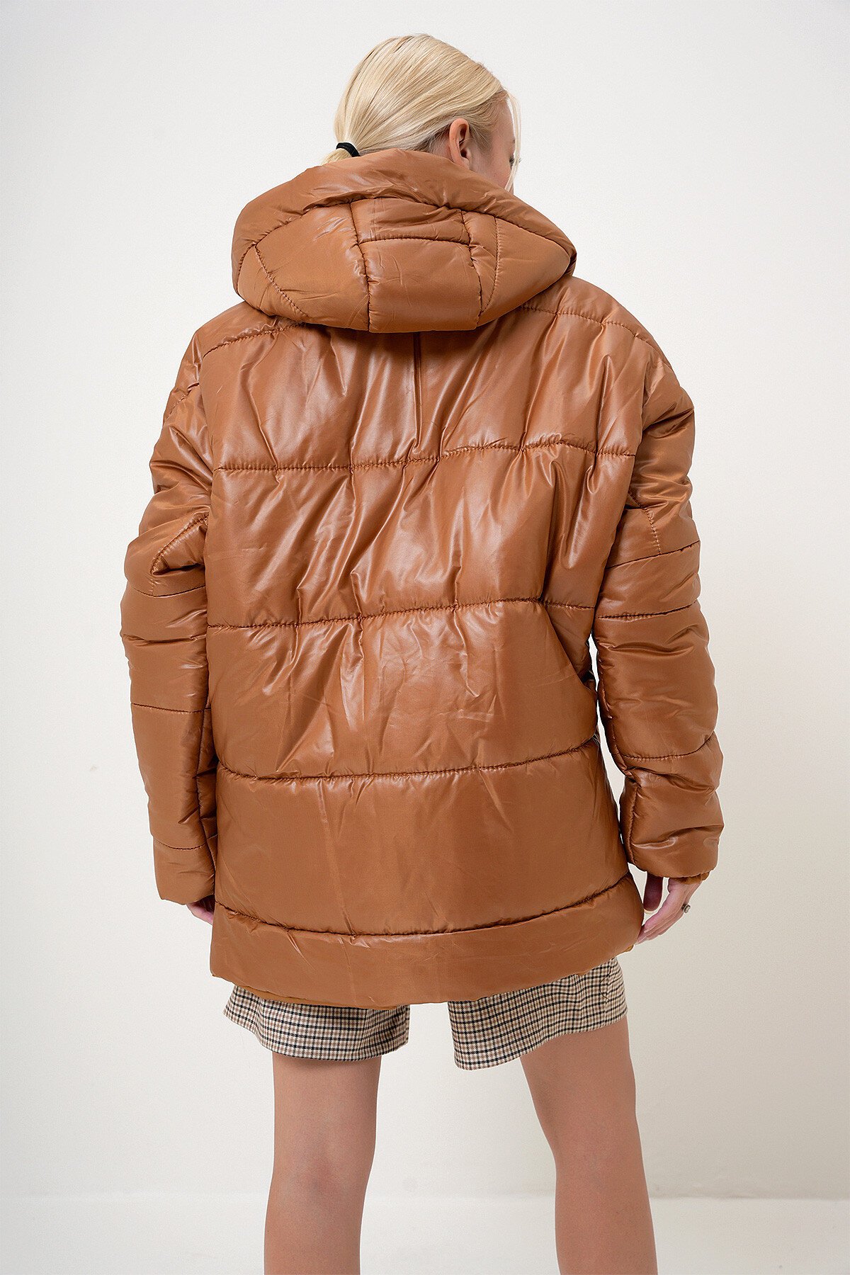 Taba Kapüşonlu Fleto Cepli Puffer Fashion Oversize Şişme Mont