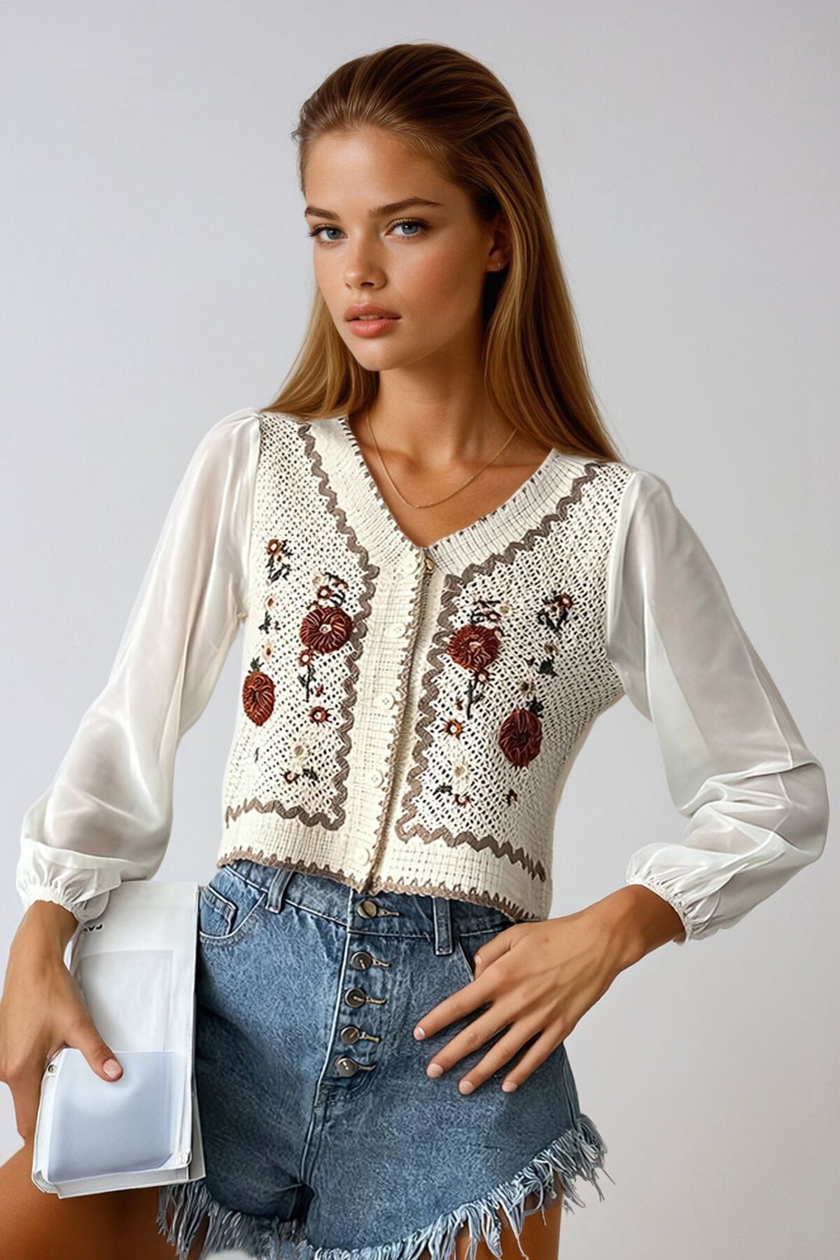 Tarçın Kolları Tül Detaylı Çiçek Nakışlı Triko Hırka