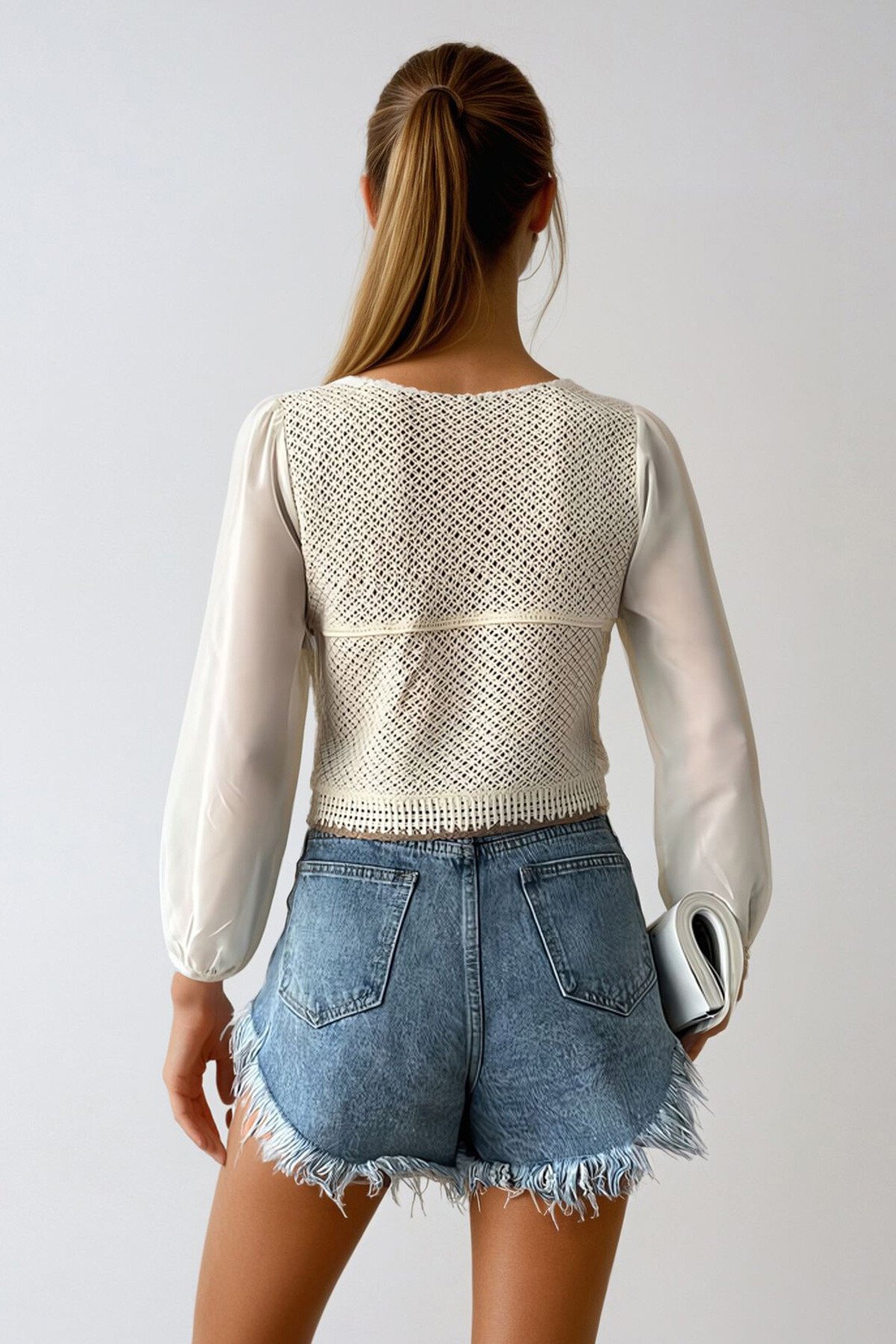 Tarçın Kolları Tül Detaylı Çiçek Nakışlı Triko Hırka