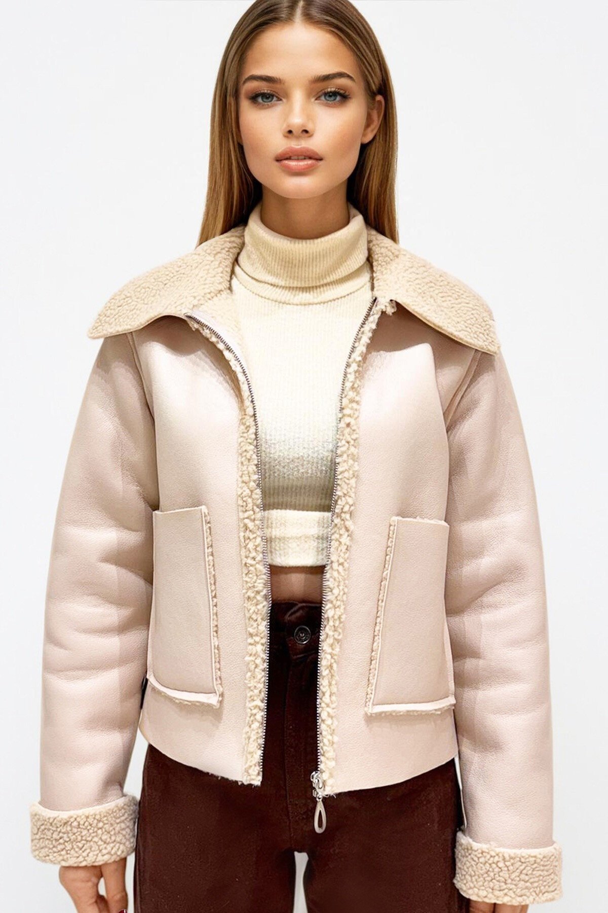 Taş Çift Cepli İçi Suni Kürklü Suni Deri Biker Ceket