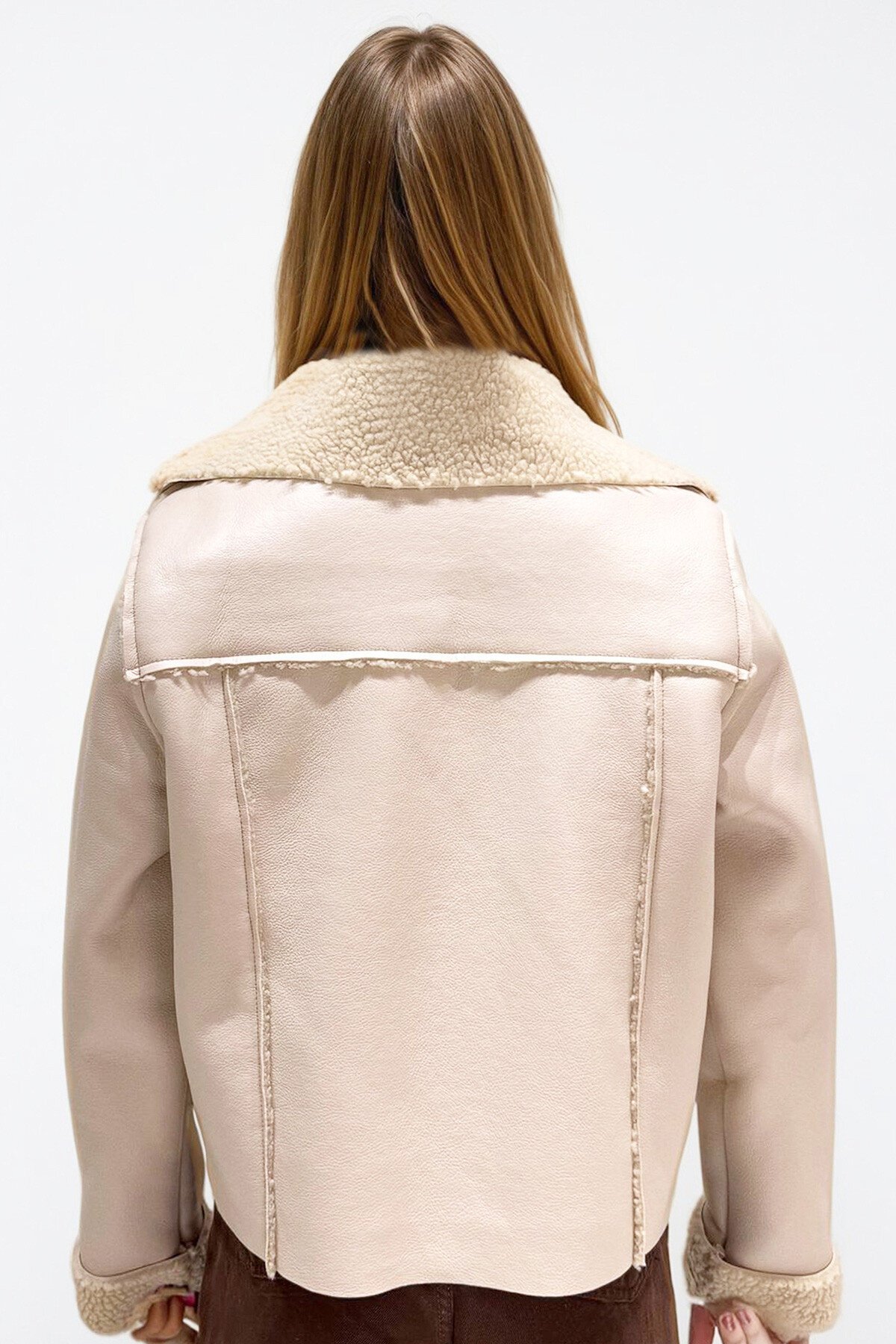 Taş Çift Cepli İçi Suni Kürklü Suni Deri Biker Ceket