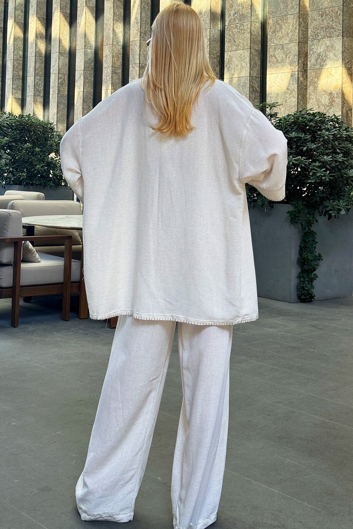 Taş Çoban Dikişli Kemerli Kimono Çift Cepli Pantolon Keten İkili Takım