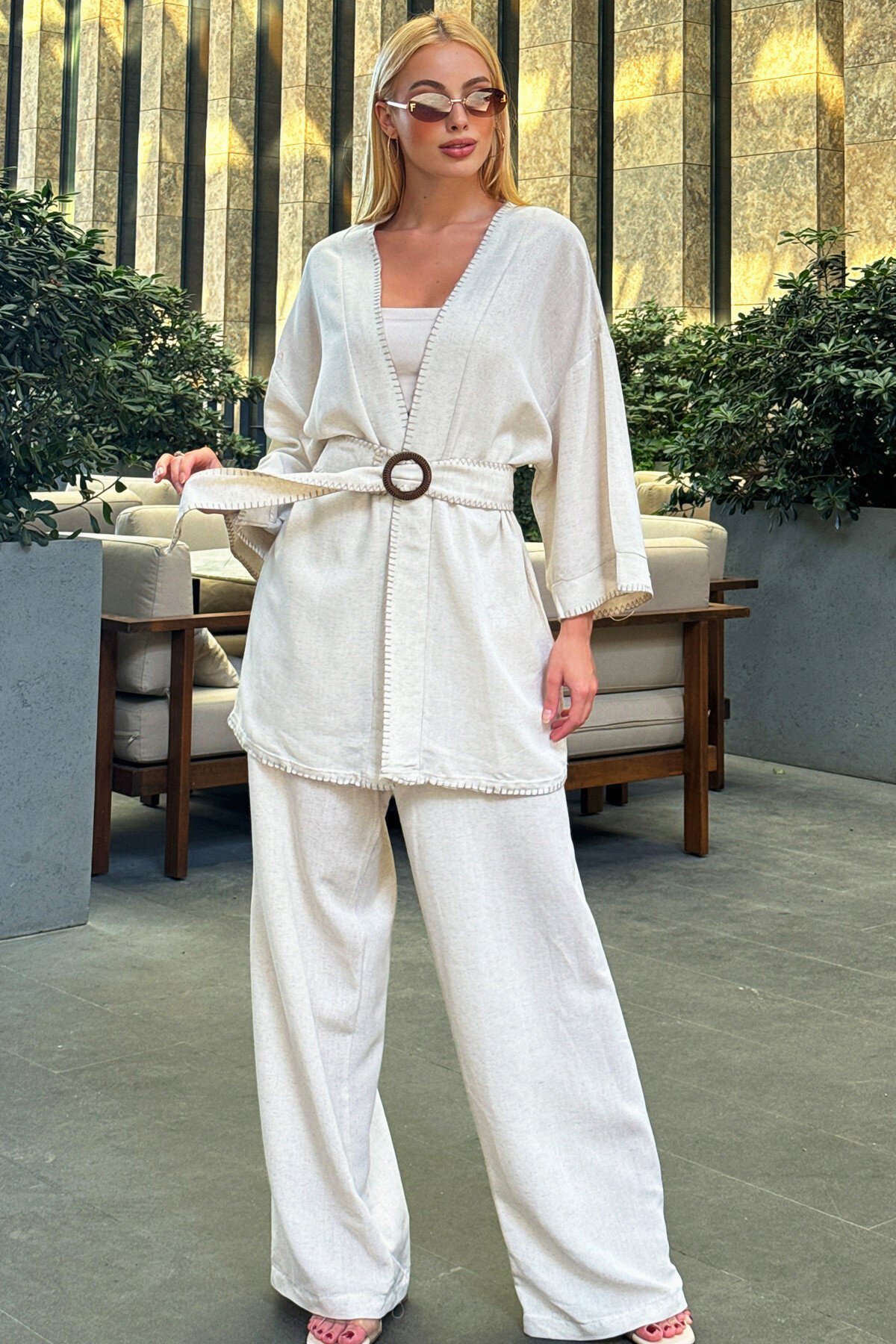 Taş Çoban Dikişli Kemerli Kimono Çift Cepli Pantolon Keten İkili Takım