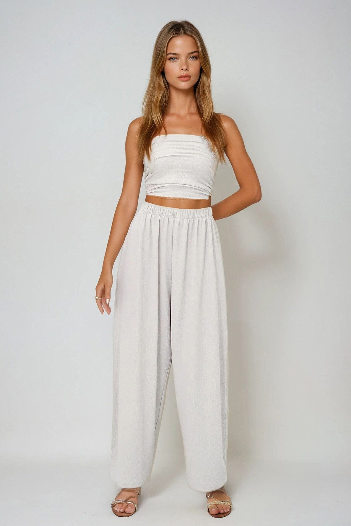 Taş Dokulu Yanları Drapeli Straplez Crop Bluz Ve Pantolon Takım