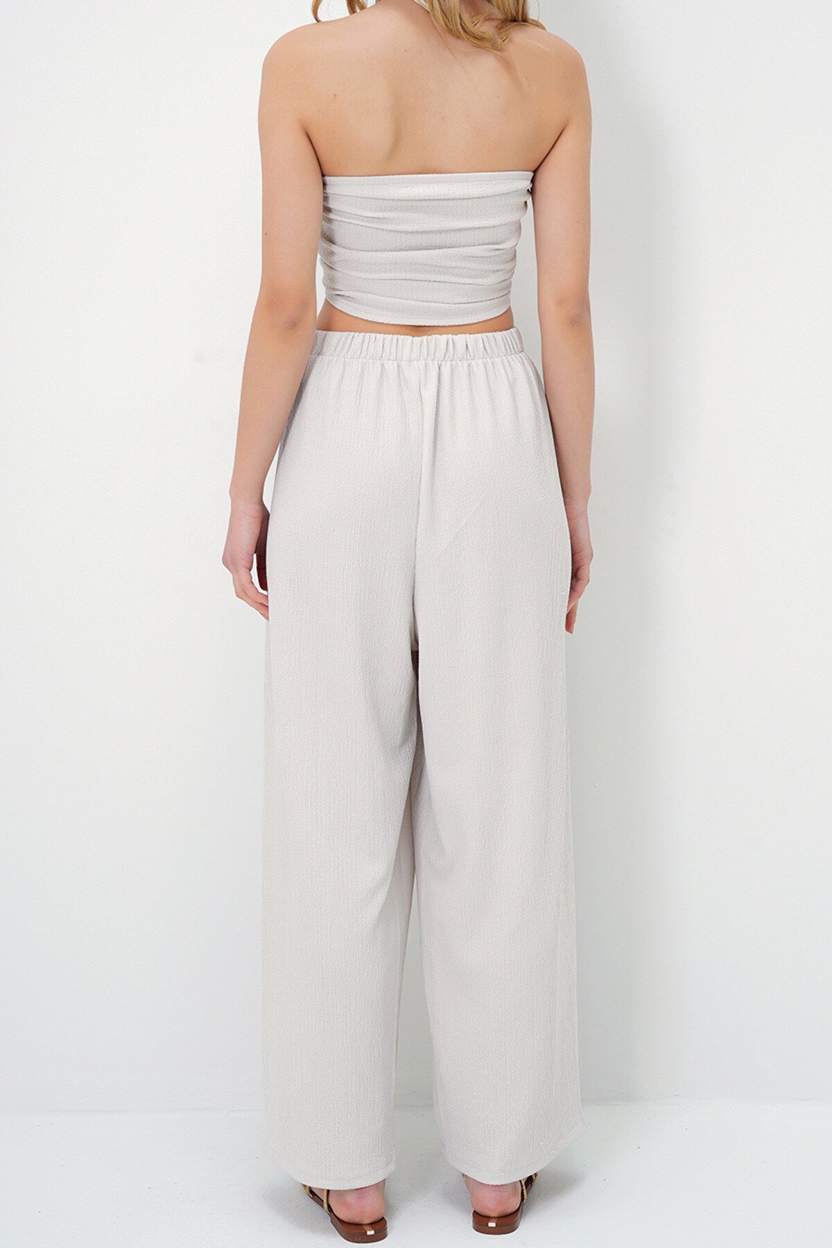 Taş Dokulu Yanları Drapeli Straplez Crop Bluz Ve Pantolon Takım