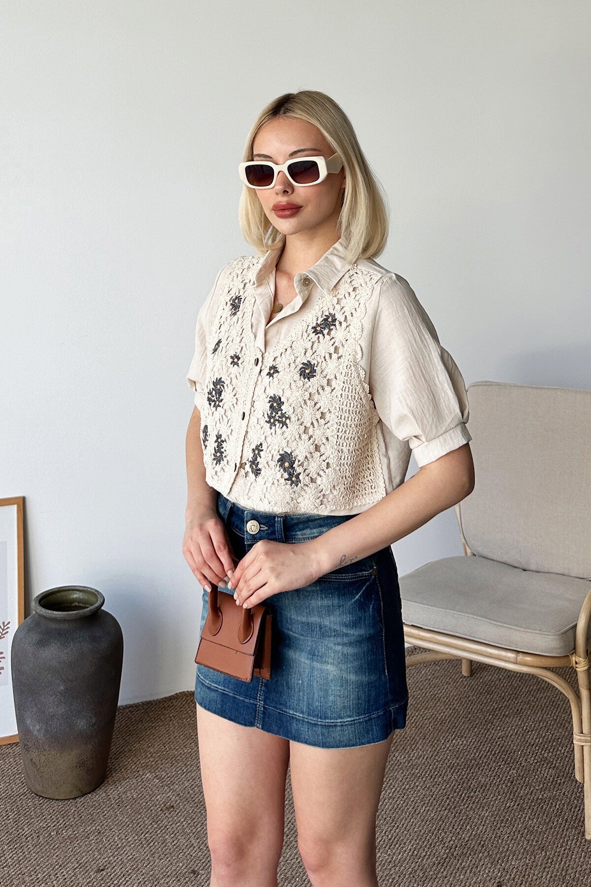 Taş Nakış Bloklu Keten Gömlek