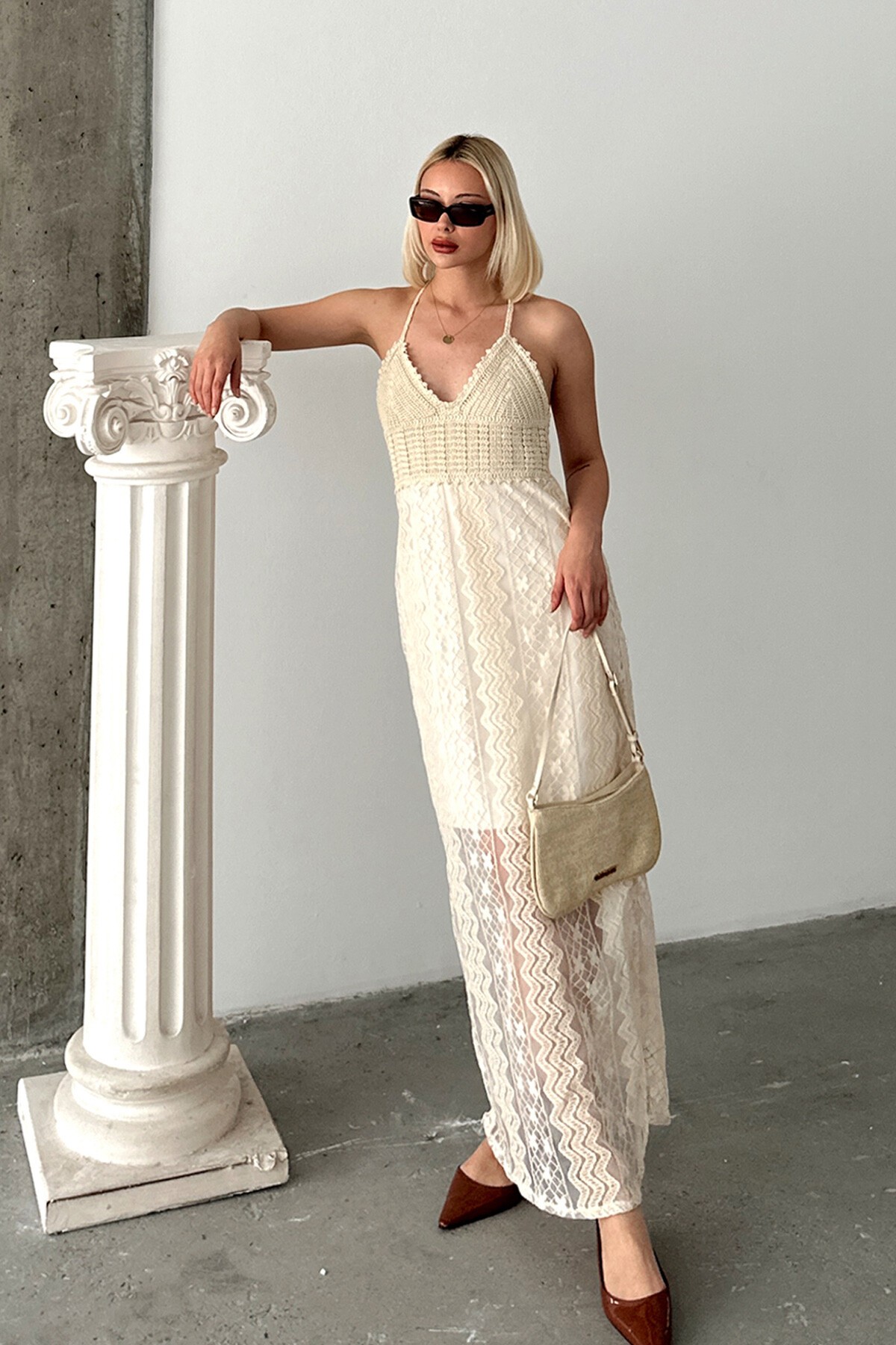 Taş V Yaka İçi Astarlı Kroşeta Elbise