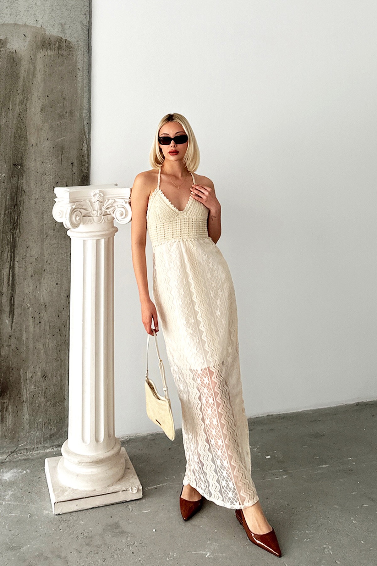 Taş V Yaka İçi Astarlı Kroşeta Elbise