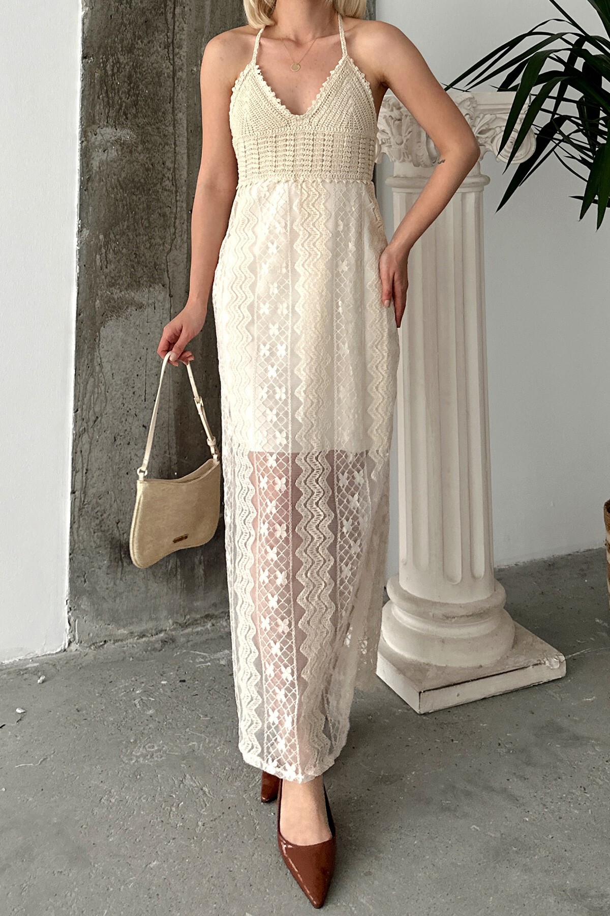 Taş V Yaka İçi Astarlı Kroşeta Elbise