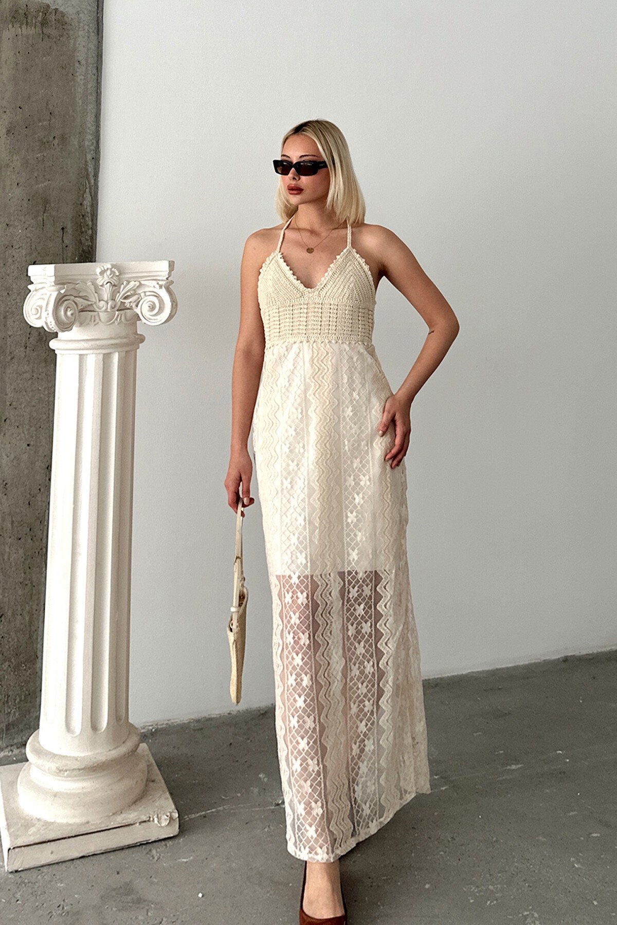 Taş V Yaka İçi Astarlı Kroşeta Elbise