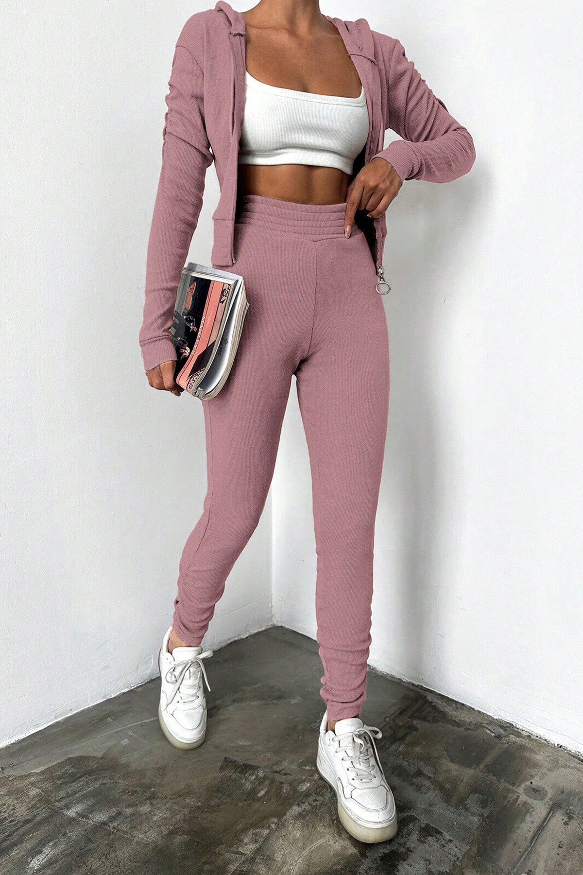 Toz Pembe Kolları Büzgülü Hırka Dizi Büzgülü Pantolon Takım