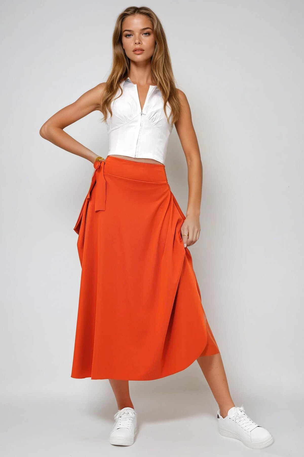 Turuncu Asimetrik Kesim Beli Bağlamalı Etek