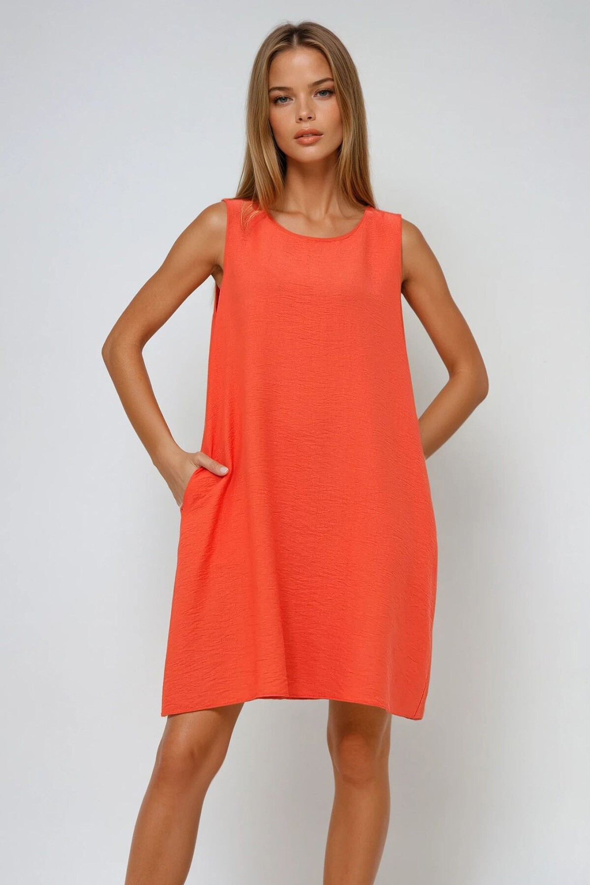 Turuncu U Yaka Sıfır Kol Çift Cepli Aerobin Yazlık Elbise