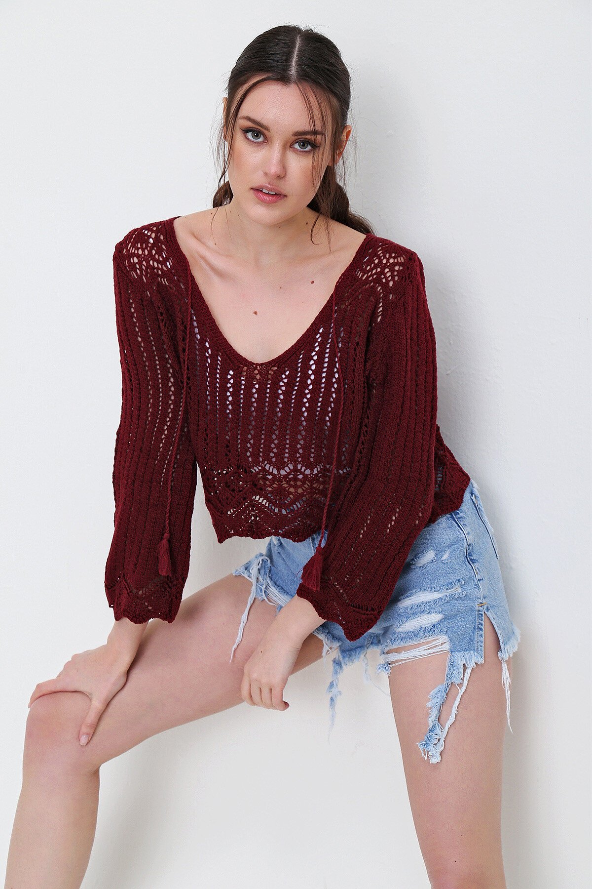 V Yaka Ajurlu Mevsimlik Triko Bluz ESQ0010