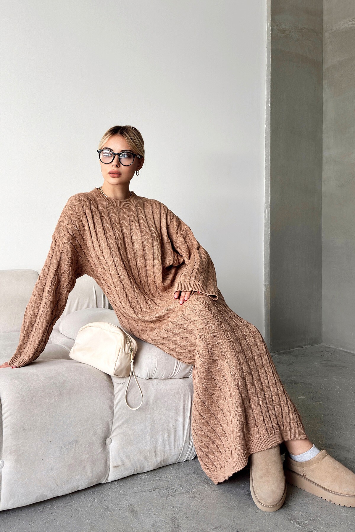 Vizon Bisiklet Yaka Saç Örgülü Kadın Triko Midi Elbise