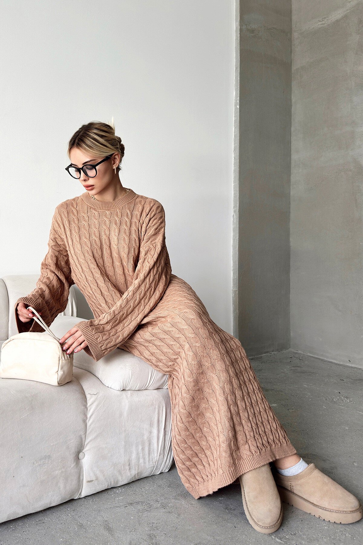 Vizon Bisiklet Yaka Saç Örgülü Kadın Triko Midi Elbise