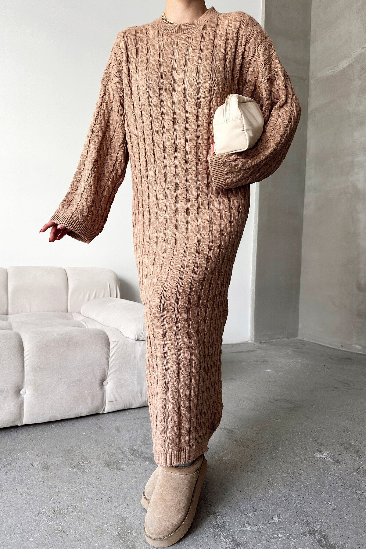 Vizon Bisiklet Yaka Saç Örgülü Kadın Triko Midi Elbise