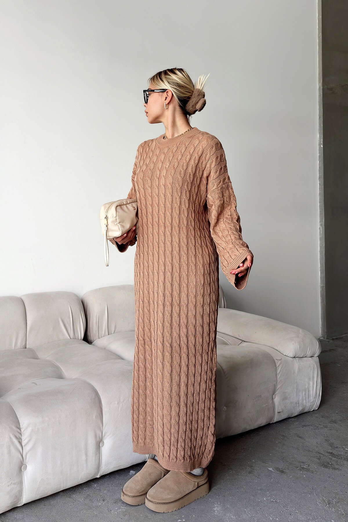 Vizon Bisiklet Yaka Saç Örgülü Kadın Triko Midi Elbise