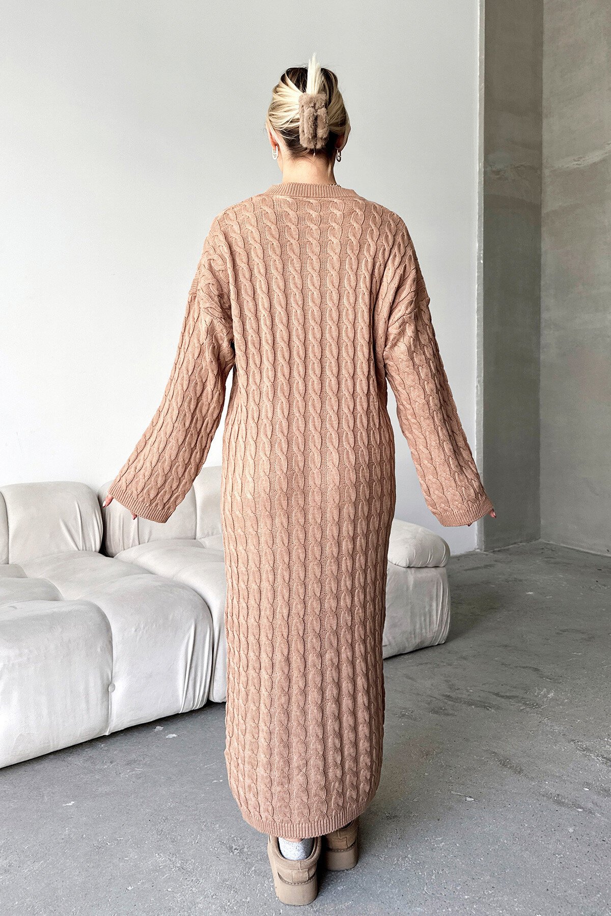 Vizon Bisiklet Yaka Saç Örgülü Kadın Triko Midi Elbise