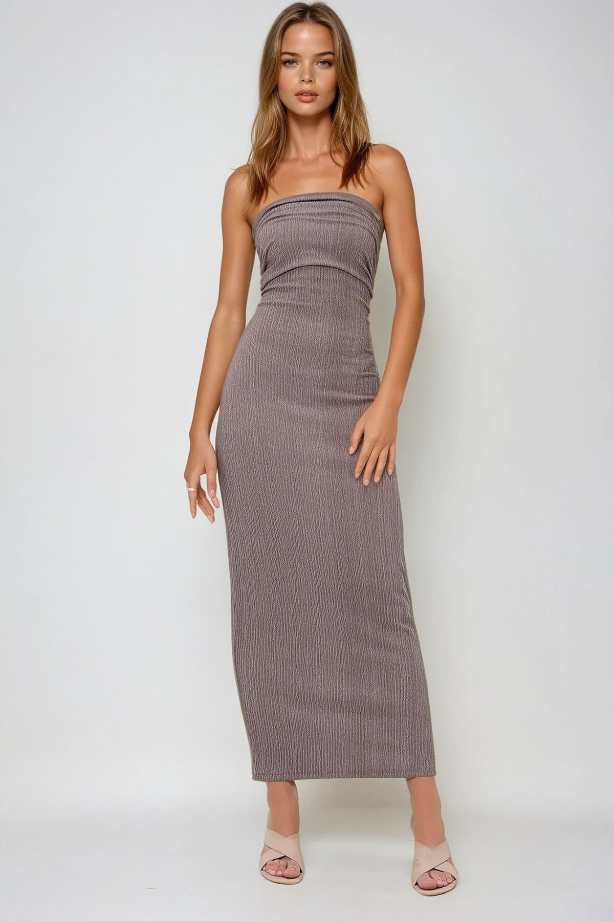 Vizon Bürümcük Kumaş Yanları Büzgülü Yazlık Straplez Elbise