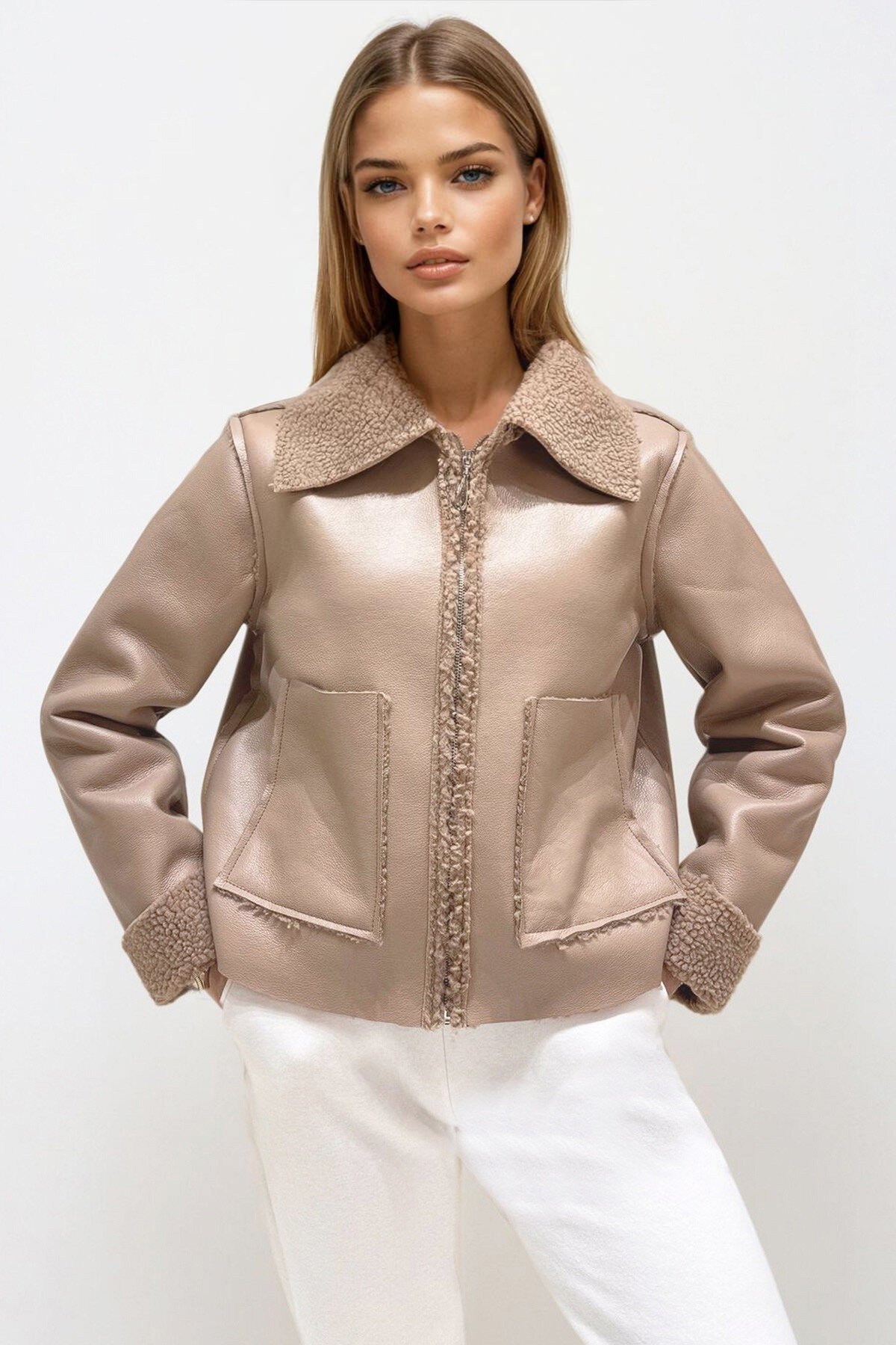 Vizon Çift Cepli İçi Suni Kürklü Suni Deri Biker Ceket