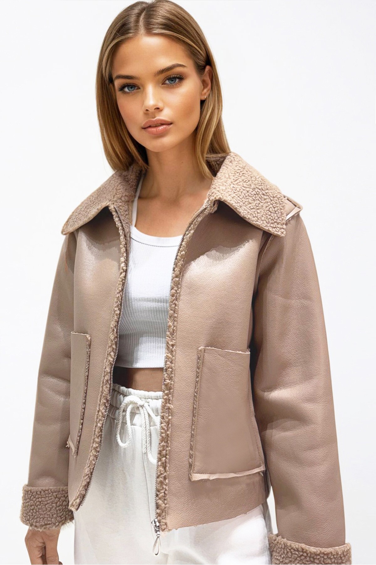 Vizon Çift Cepli İçi Suni Kürklü Suni Deri Biker Ceket