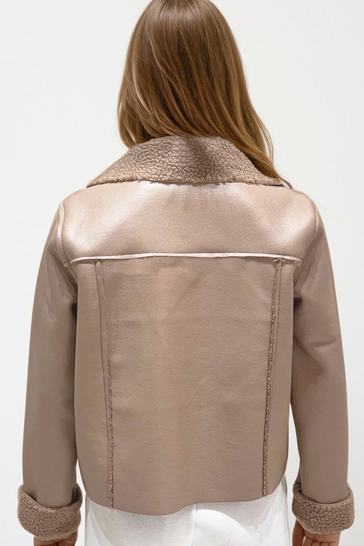 Vizon Çift Cepli İçi Suni Kürklü Suni Deri Biker Ceket