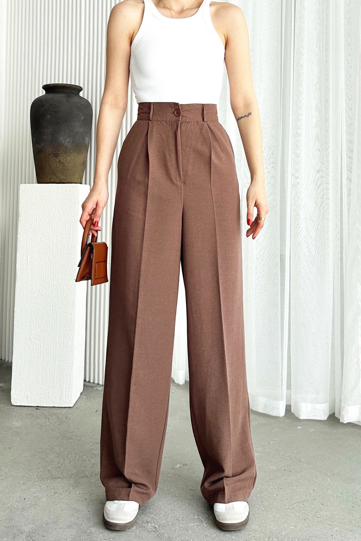 Vizon Çift Cepli Pileli Keten Palazzo Pantolon